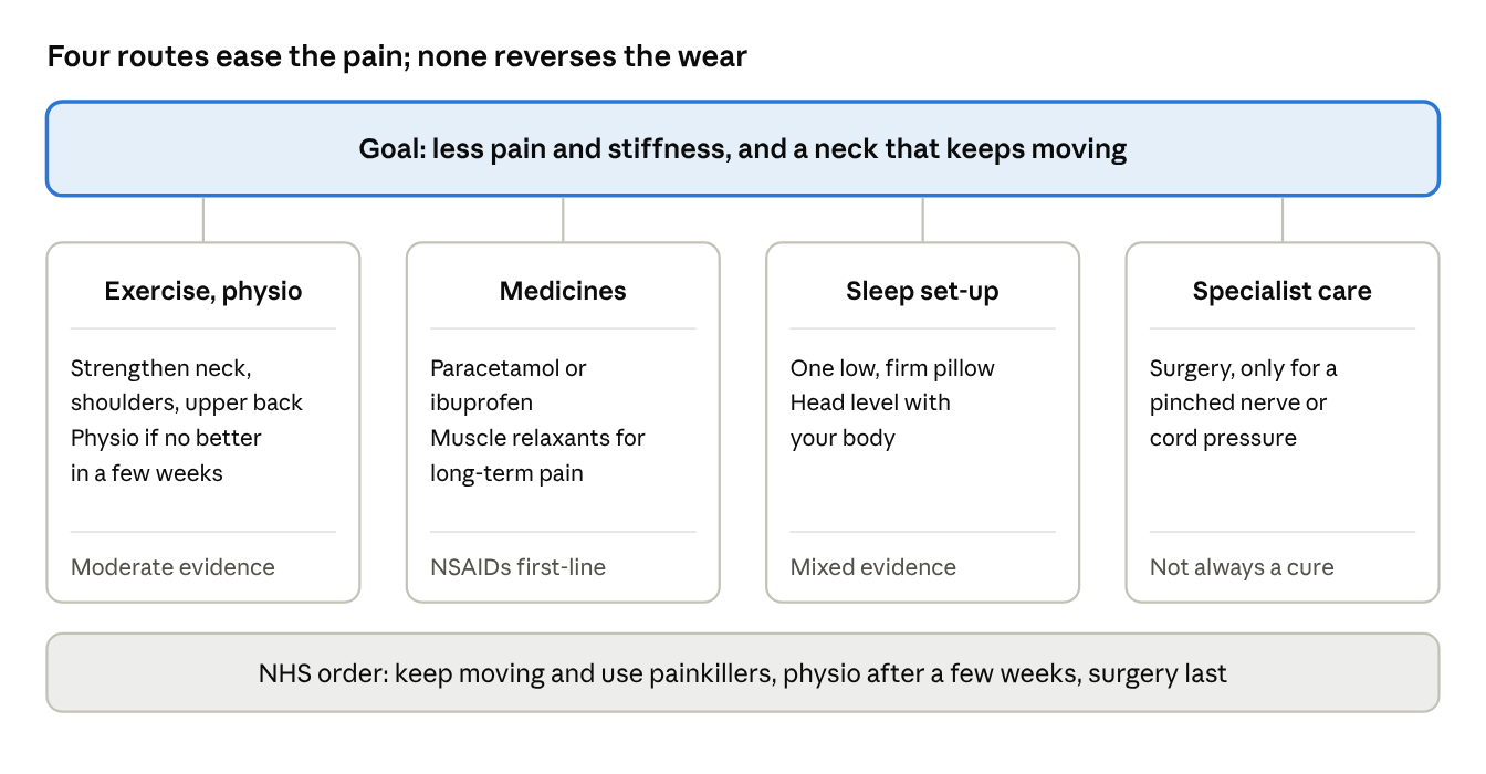 Four routes ease the pain and none reverses the wear: exercise and physio, medicines, the sleep set-up and specialist care.
