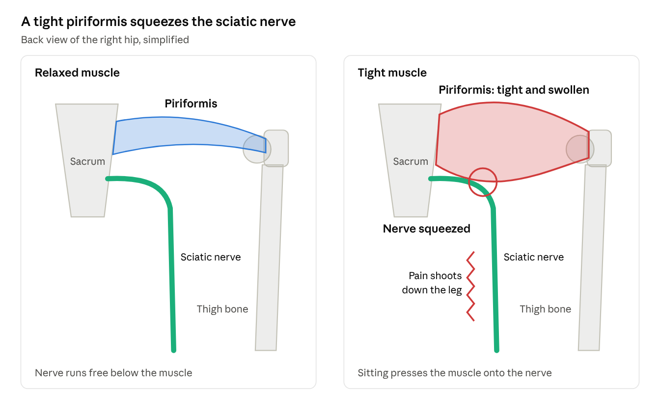 Two panels. Relaxed: the nerve runs freely below the muscle. Tight: the swollen muscle presses on the nerve and pain shoots down the leg.