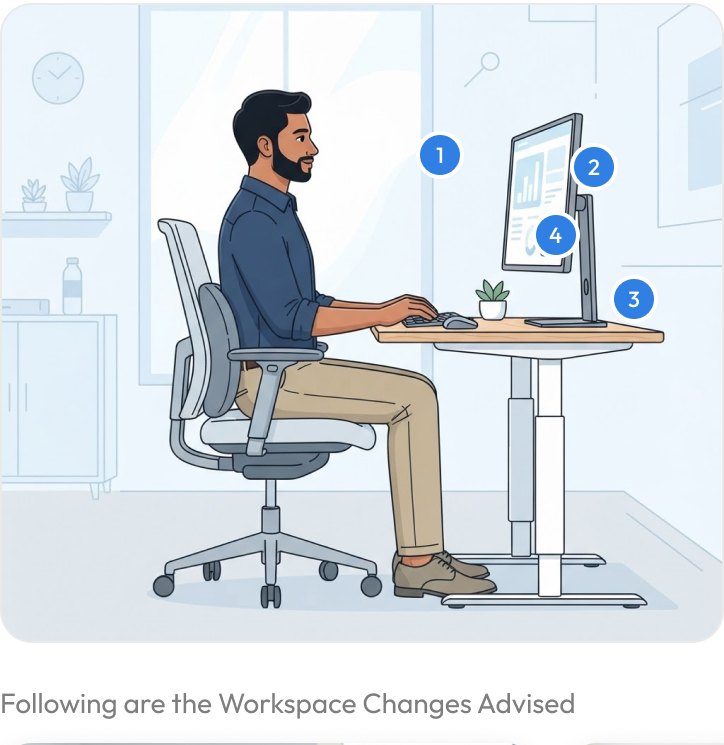 The corrected desk setup as drawn in a Frido Care report, with numbered changes