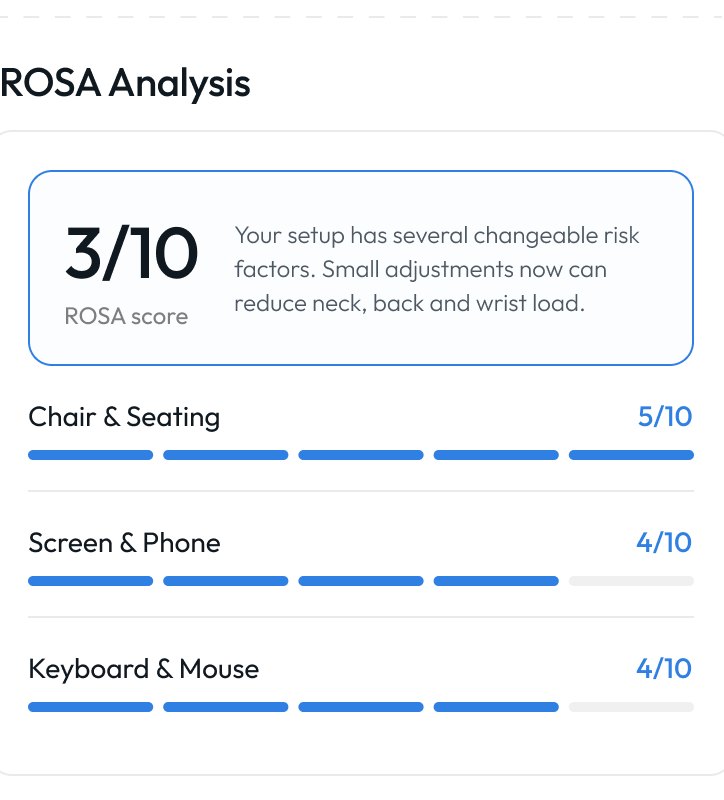 ROSA Analysis block from a Frido Care report: 3/10 score with chair, screen and keyboard sub-scores